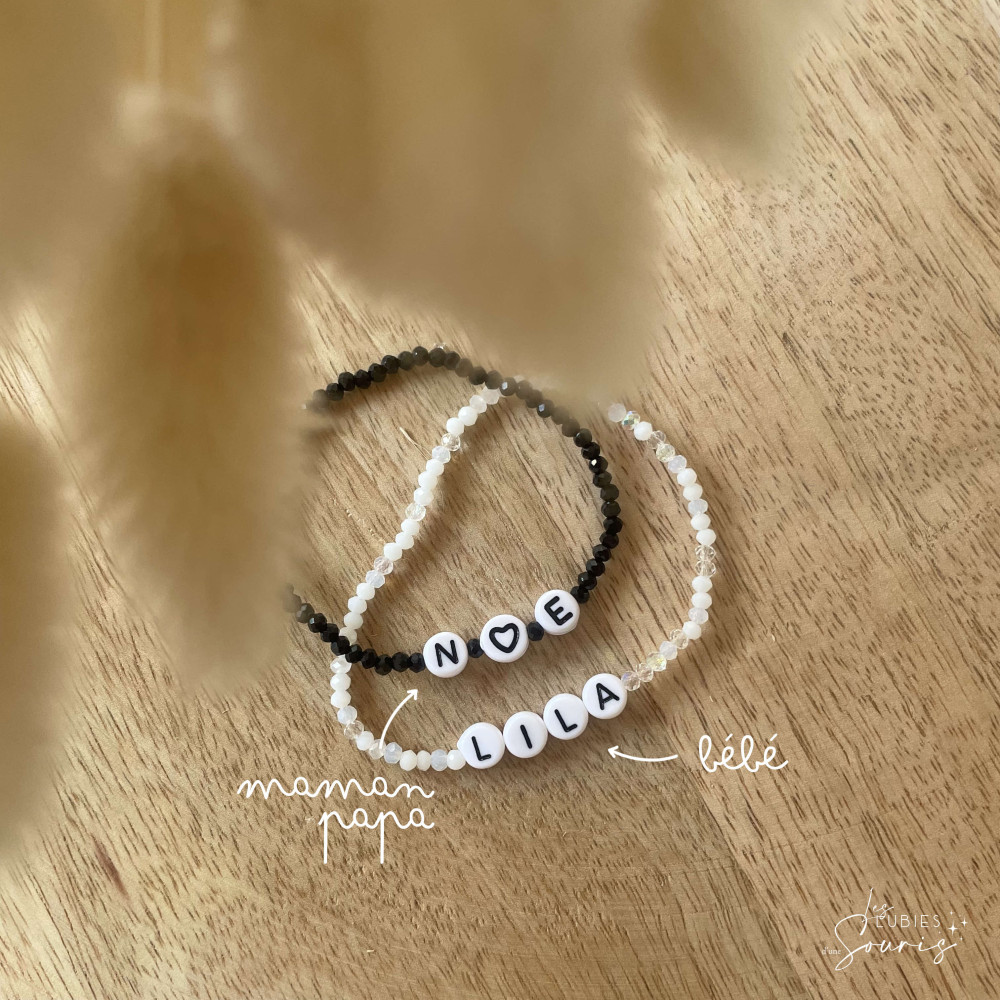 ★ Bracelet à message - black / perles de verres - Personnalisable  - Prénom, mot, initiale(s)