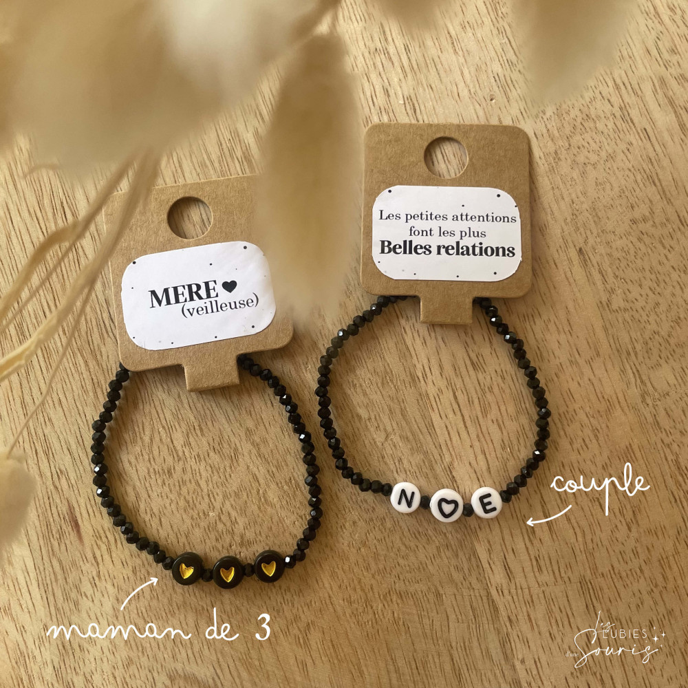 ★ Bracelet à message - black / perles de verres - Personnalisable  - Prénom, mot, initiale(s)