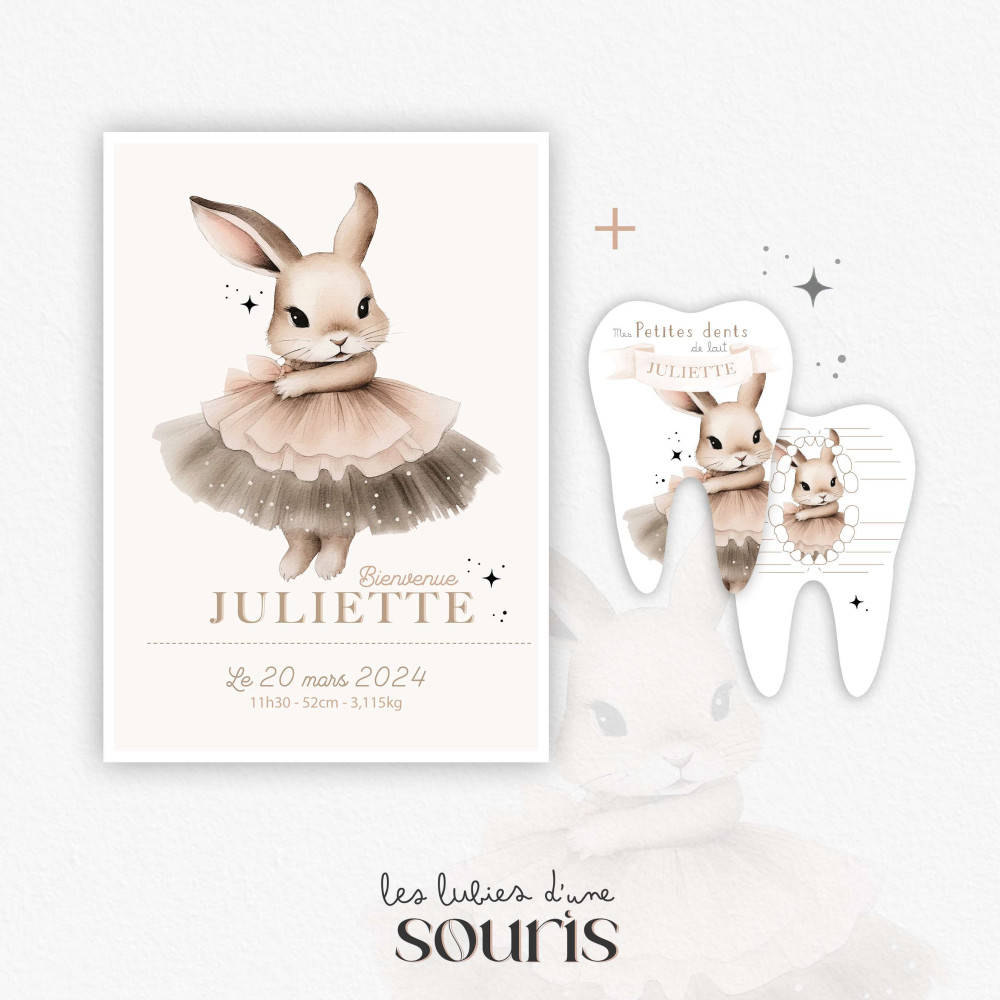★ PACK - Affiche naissance et carte quenottes - Capucine, la lapine