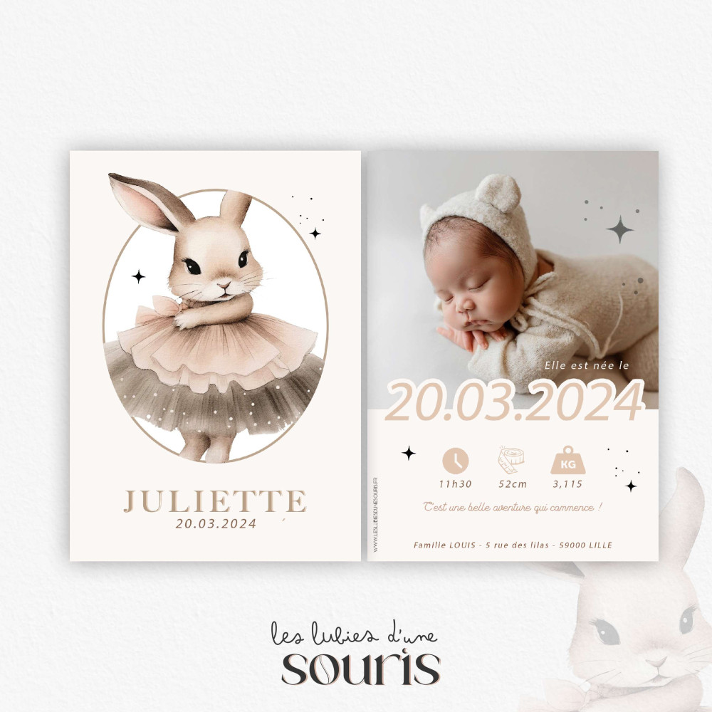 ★ Faire Part naissance / Capucine, la lapine