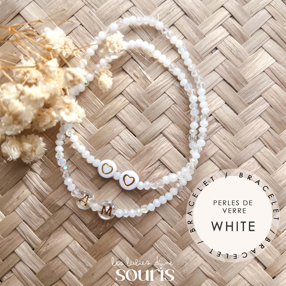 ★ Bracelet à message - White / perles de verres - Personnalisable  - Prénom, mot, initiale(s)