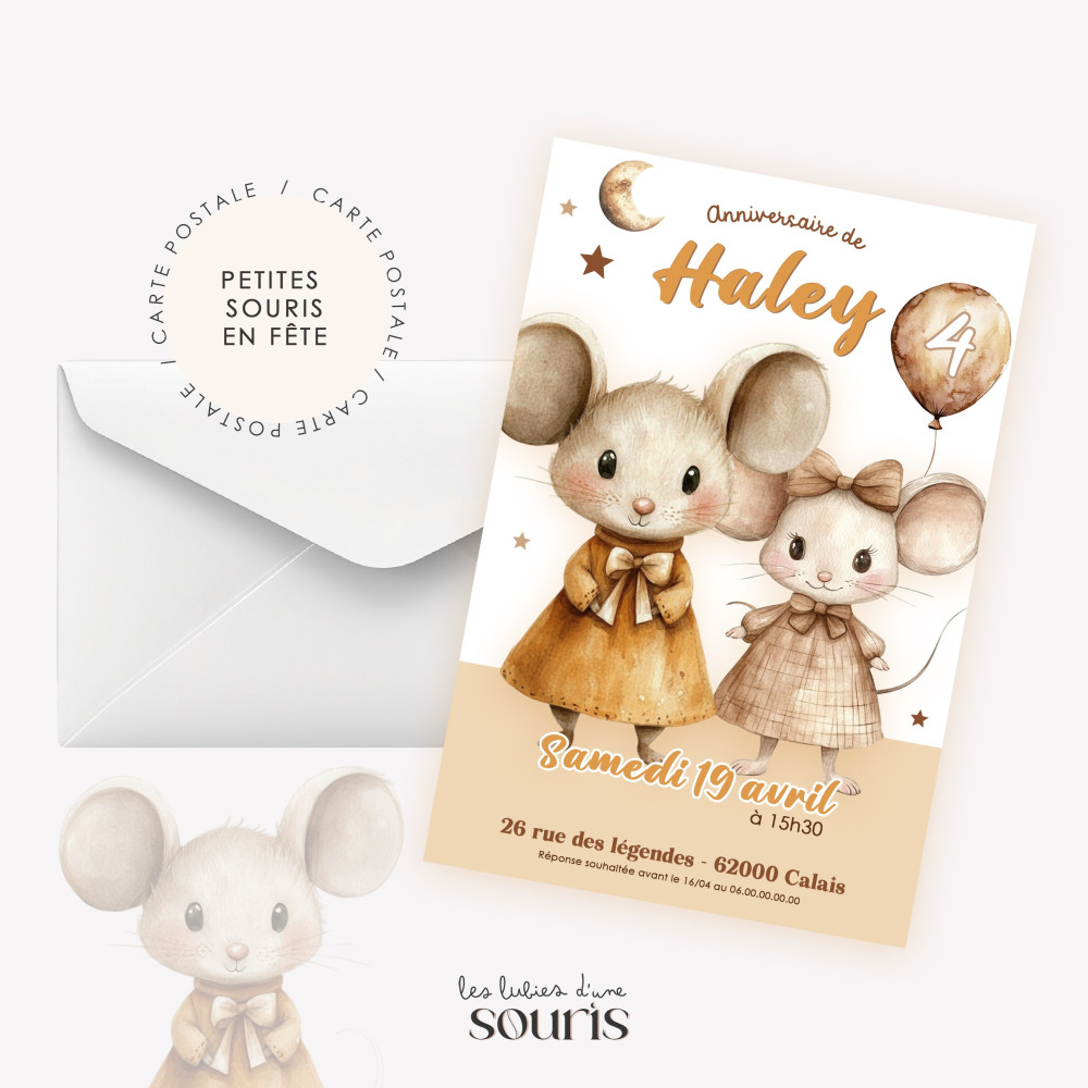★ Invitation & Faire part | Format carte postale | Petites souris en fête