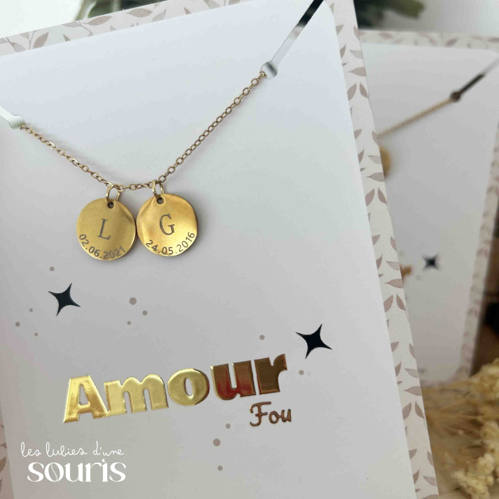 ★ Collier AMOUR FOU / Initiale & date de naissance