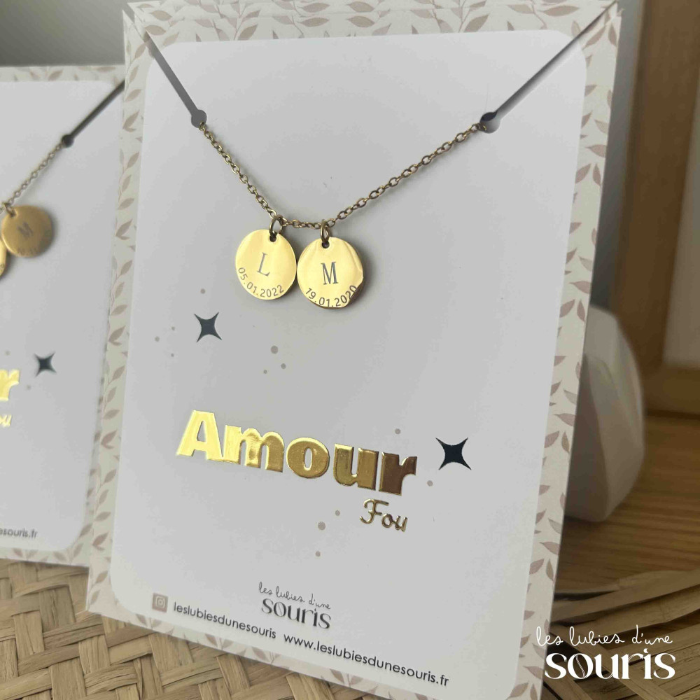 ★ Collier doré / AMOUR FOU / Initiale & date de naissance