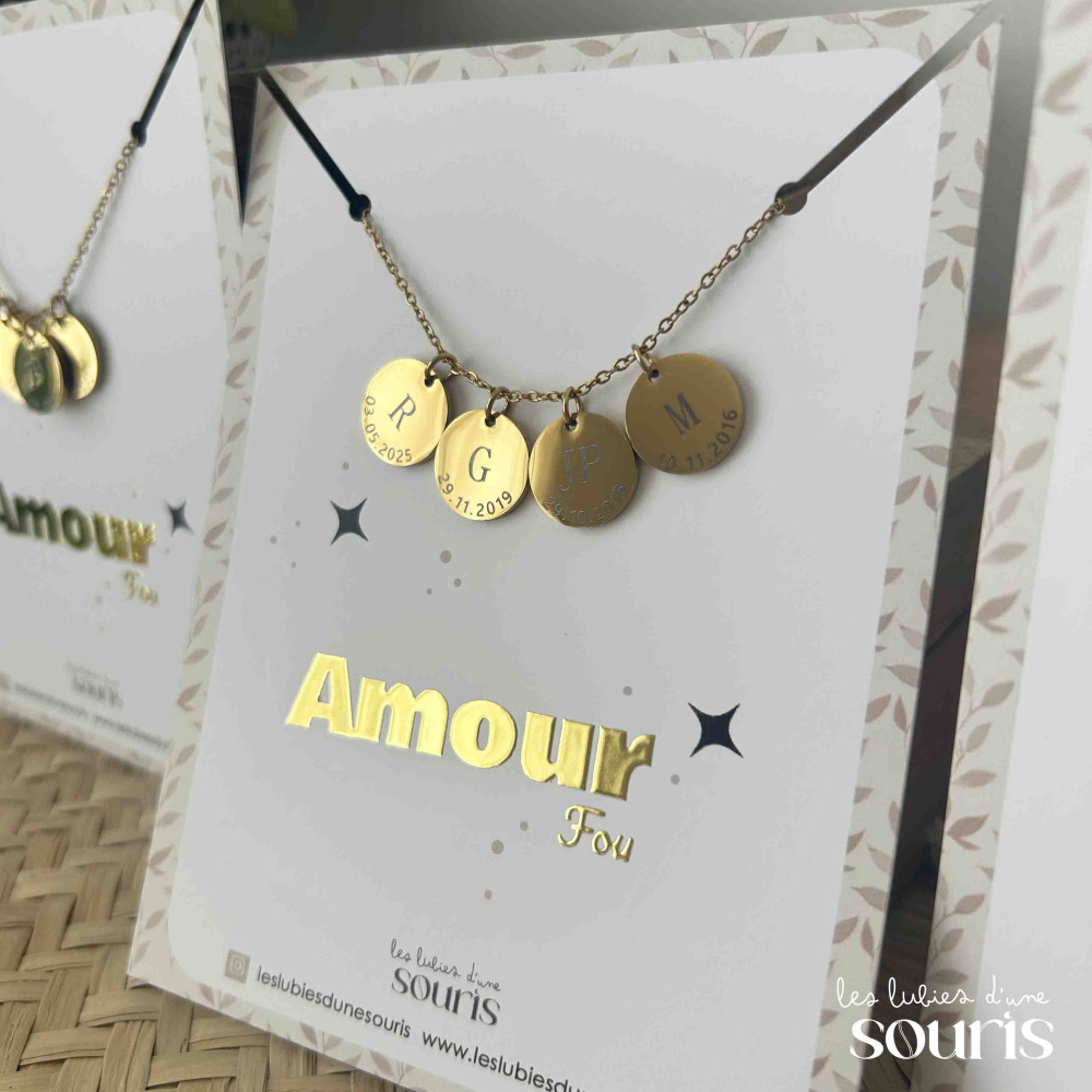 ★ Collier doré / AMOUR FOU / Initiale & date de naissance