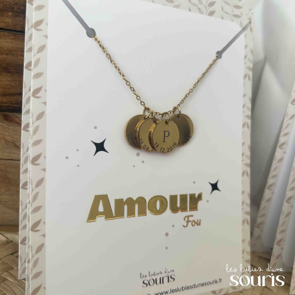 ★ Collier doré / AMOUR FOU / Initiale & date de naissance