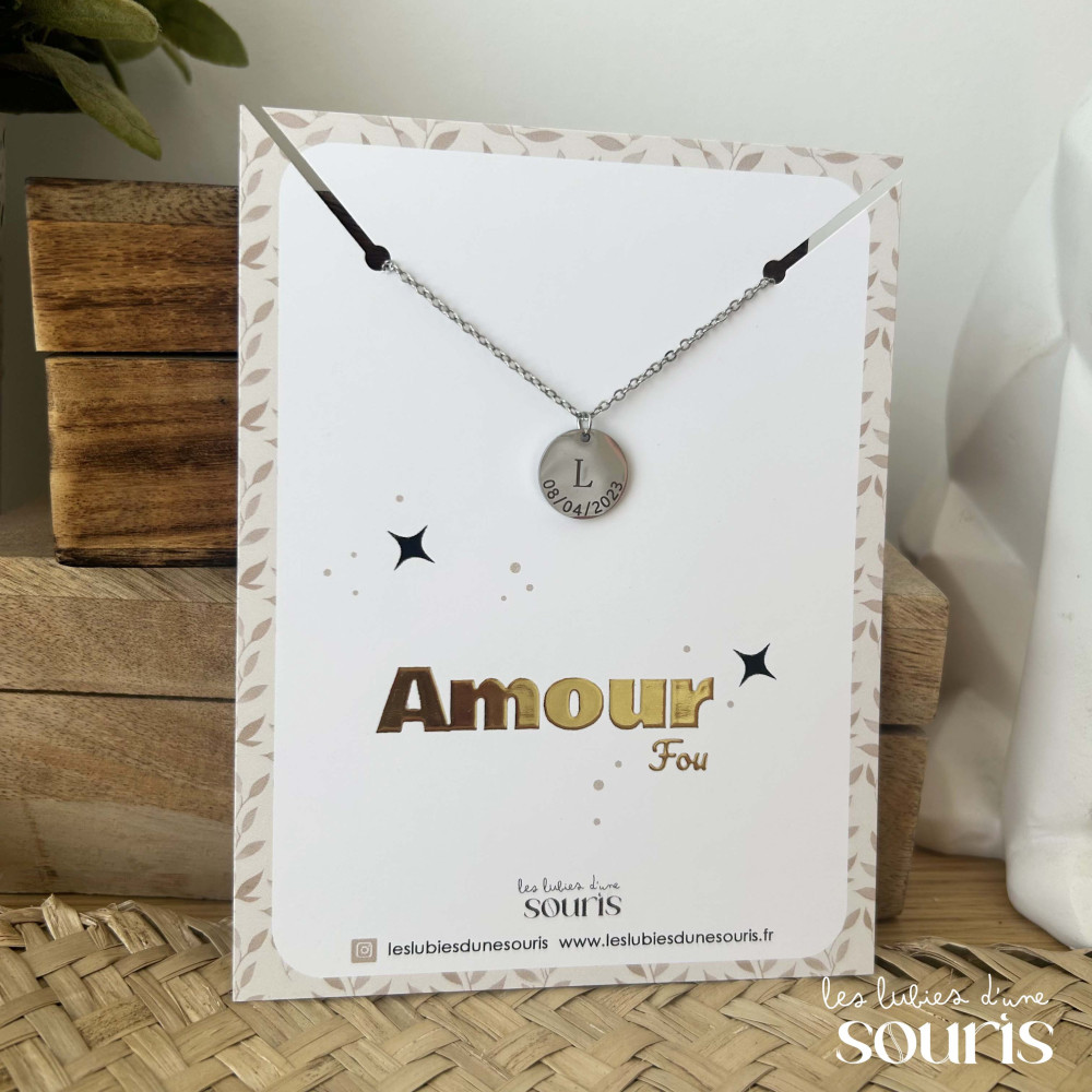 ★ Collier argenté / AMOUR FOU / Initiale & date de naissance
